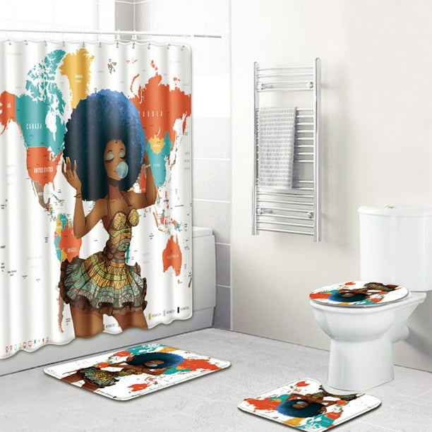 Details about   African Woman Shower Curtain Bathroom Rug Set Bath Mat Non-Slip Toilet Lid Cover